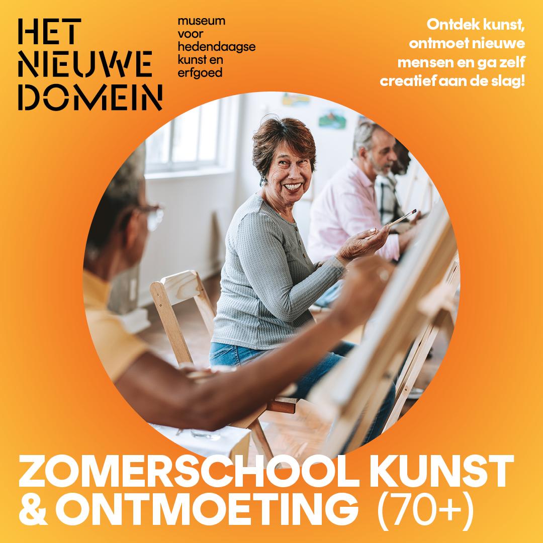 Mevrouw die schildert in gele afbeelding, tekst 'Zomerschool kunst & ontmoeting (70+)'